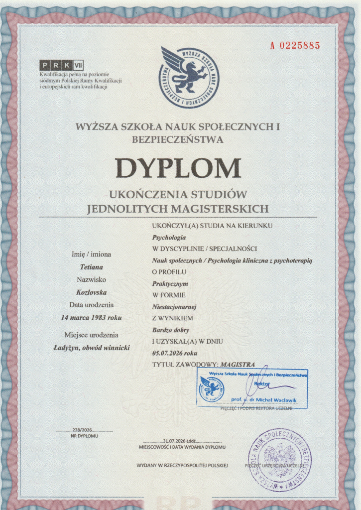 Dyplom ukończenia studiów jednolitych magistersich
